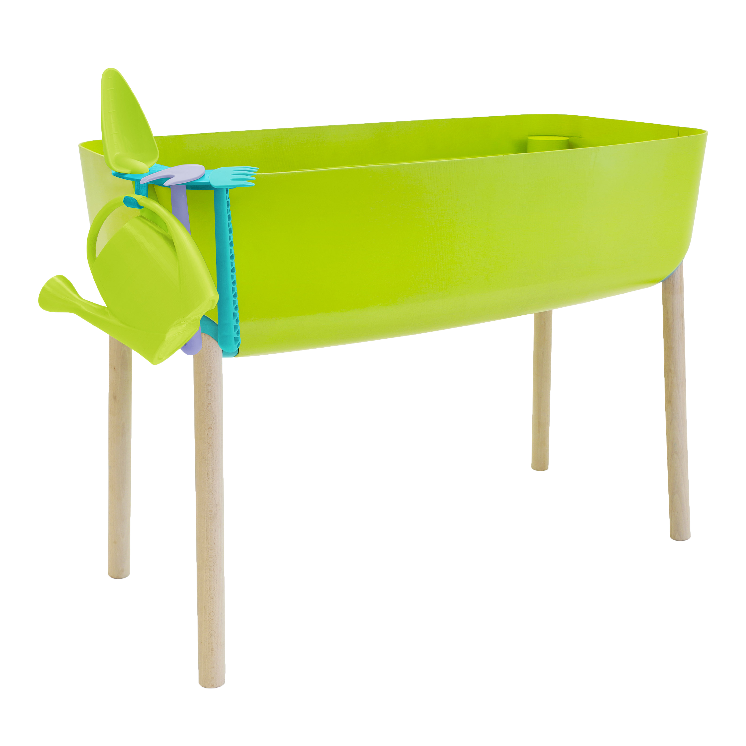 GARDENICO   Potager Enfant, Jardinière sur Pieds   Jardinière sur Pied, Plastique et Bois   Jeux Enfant, à partir de 5 ans, Hauteur 56,5cm   4 Accessoires : Râteau, Houe, Pelle, Arrosoir